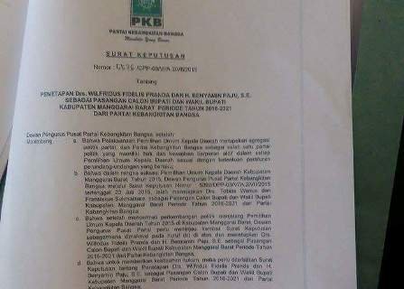 SK PKB yang baru untuk pasangan Fidelis Pranda-Benyamin Padju