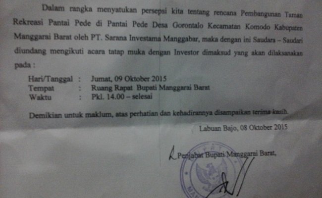 Surat undangan rapat Pantai Pede
