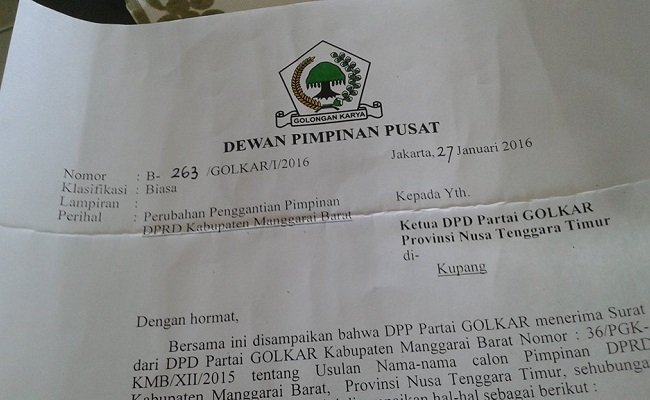 Salinan SK pembatalan pengangkatan Edi Endi sebagai Ketua DPRD Mabar dan menggantinya dengan Belasius Jeramun