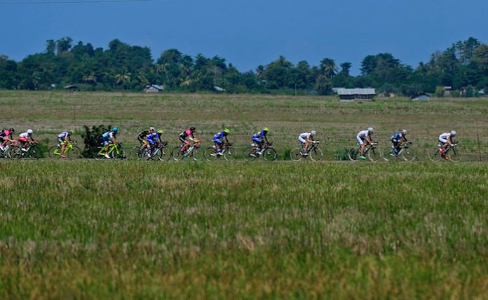 Pebalap melewati persawahan pada etape terakhir Tour de Flores dengan rute Ruteng-Labuan Bajo, Nusa Tenggara Timur, Sabtu (21/5).
