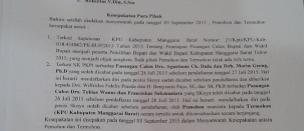 Cuplikan berita acara kesepatakan antara Pranda-Padju dan KPUD Manggarai Barat