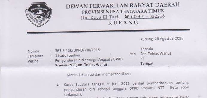Cuplikan surat pimpinan DPRD NTT tentang pengunduran diri Tobias Wanus