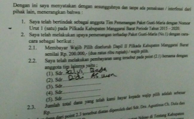 Cuplikan dari surat pernyataan Maselinus Jeramun, yang mengaku melakukan praktek politik uang