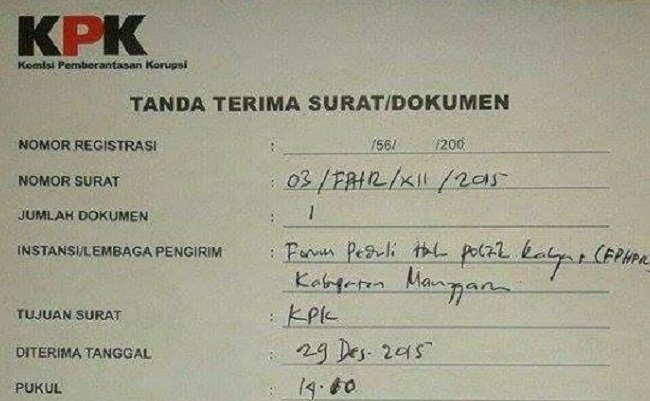 Salinan surat laporan ke KPK terkait tudingan penyalahgunaan anggaran Pilkada di Kabupaten Manggara